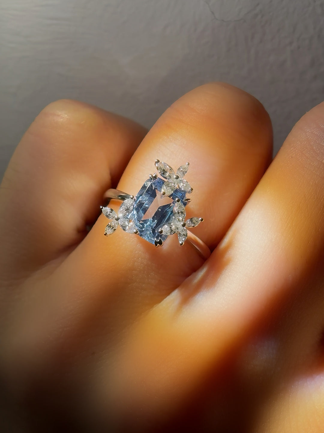 3.00ct Emerald-Cut Aquamarine Ring in 14K or 18K White Gold, “The Jardin”