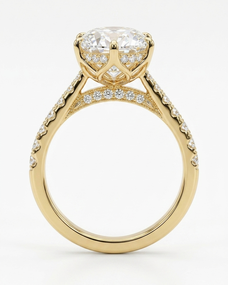Oval Diamond Ring with Diamond Band, "Lotus Lace Bold"
