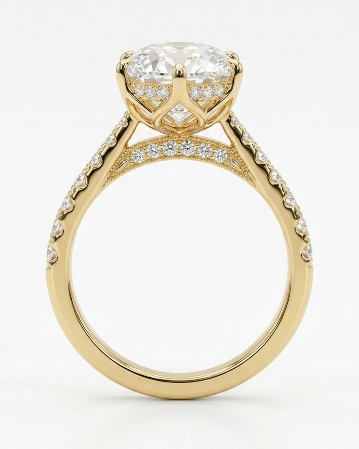 Oval Diamond Ring with Diamond Band, "Lotus Lace Bold"