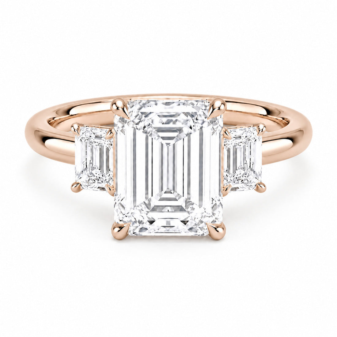 Prime Trilogy emerald-cut lab diamond three-stone ring in 14K rose gold
