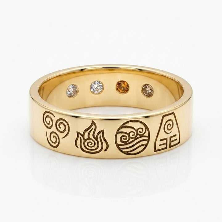 “Four Elements” — Hand-Carved Elemental Band Ring