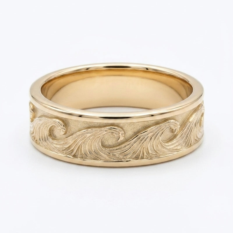 The Kanagawa hand-carved ocean wave wedding band, 7mm, view 4