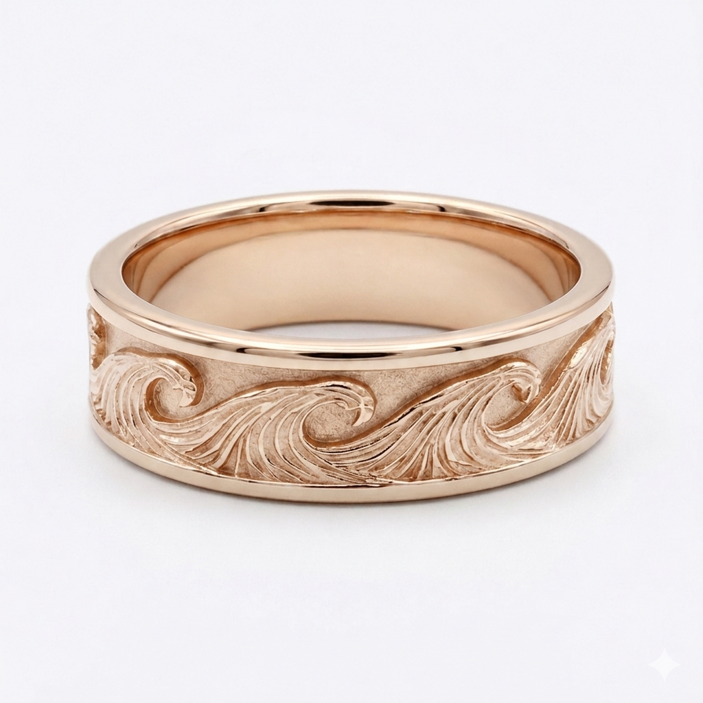 The Kanagawa — 7mm Ocean Wave Solid Gold Wedding Band