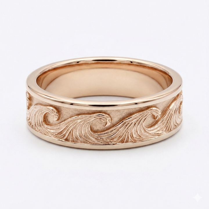 The Kanagawa — 7mm Ocean Wave Solid Gold Wedding Band