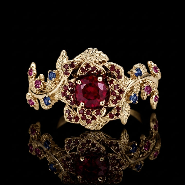The Roserie — Ruby & Sapphire Rose Flower Ring