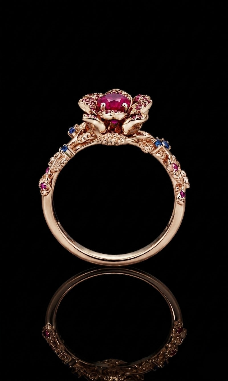 The Roserie — Ruby & Sapphire Rose Flower Ring