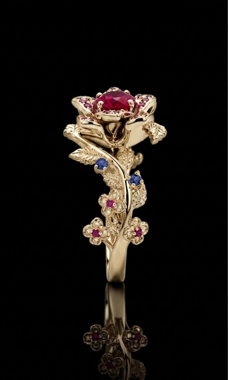The Roserie — Ruby & Sapphire Rose Flower Ring