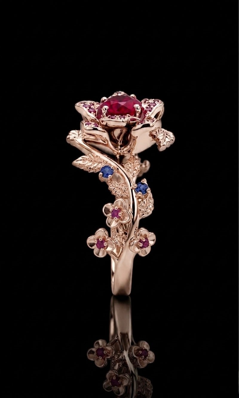The Roserie — Ruby & Sapphire Rose Flower Ring
