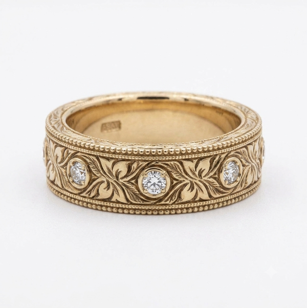 Hand-Carved Diamond Vintage Solid Gold Band (6mm)