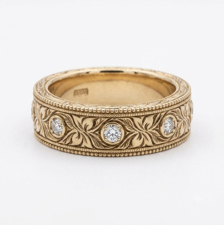 Hand-Carved Diamond Vintage Solid Gold Band (6mm)