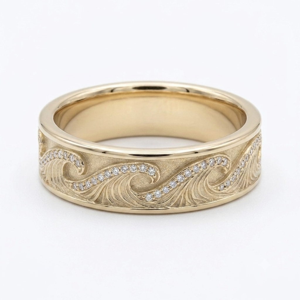 The Ocean Wave — 4mm Hand-Carved Gold/Diamond Wedding Band
