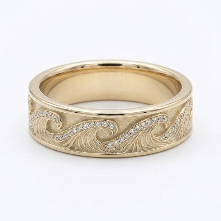 The Ocean Wave — 4mm Hand-Carved Gold/Diamond Wedding Band