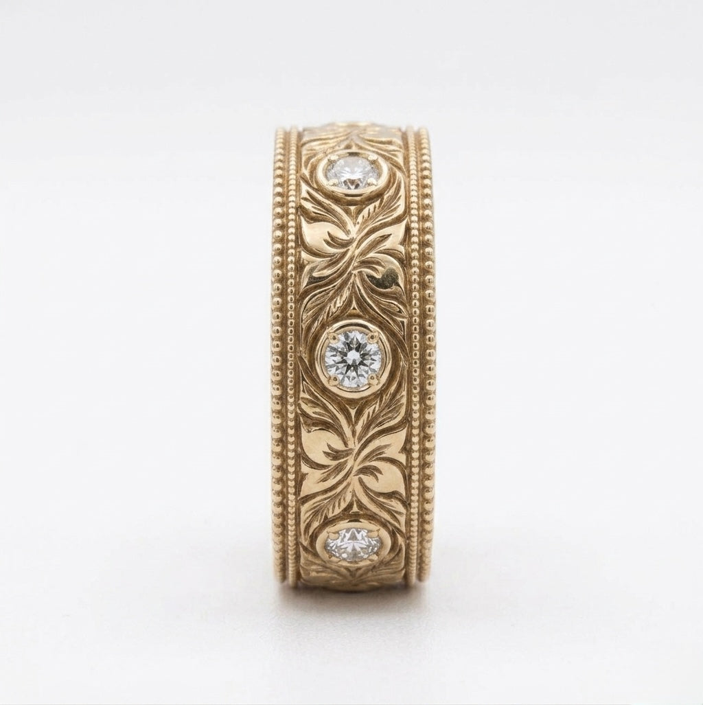 Hand-Carved Diamond Vintage Solid Gold Band (6mm)