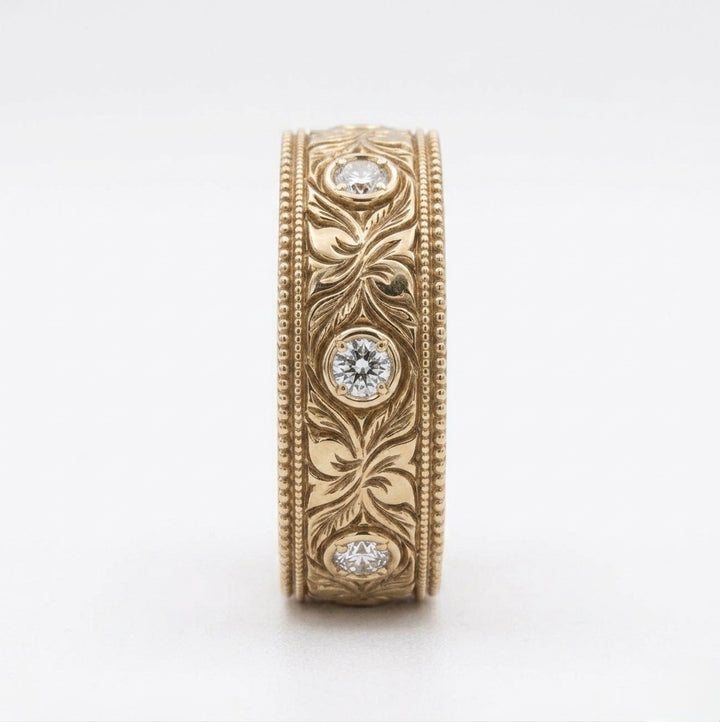 Hand-Carved Diamond Vintage Solid Gold Band (6mm)