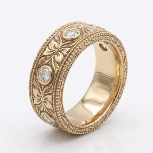 Hand-Carved Diamond Vintage Solid Gold Band (6mm)
