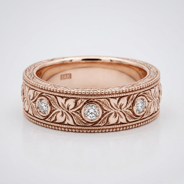 Hand-Carved Diamond Vintage Solid Gold Band (6mm)