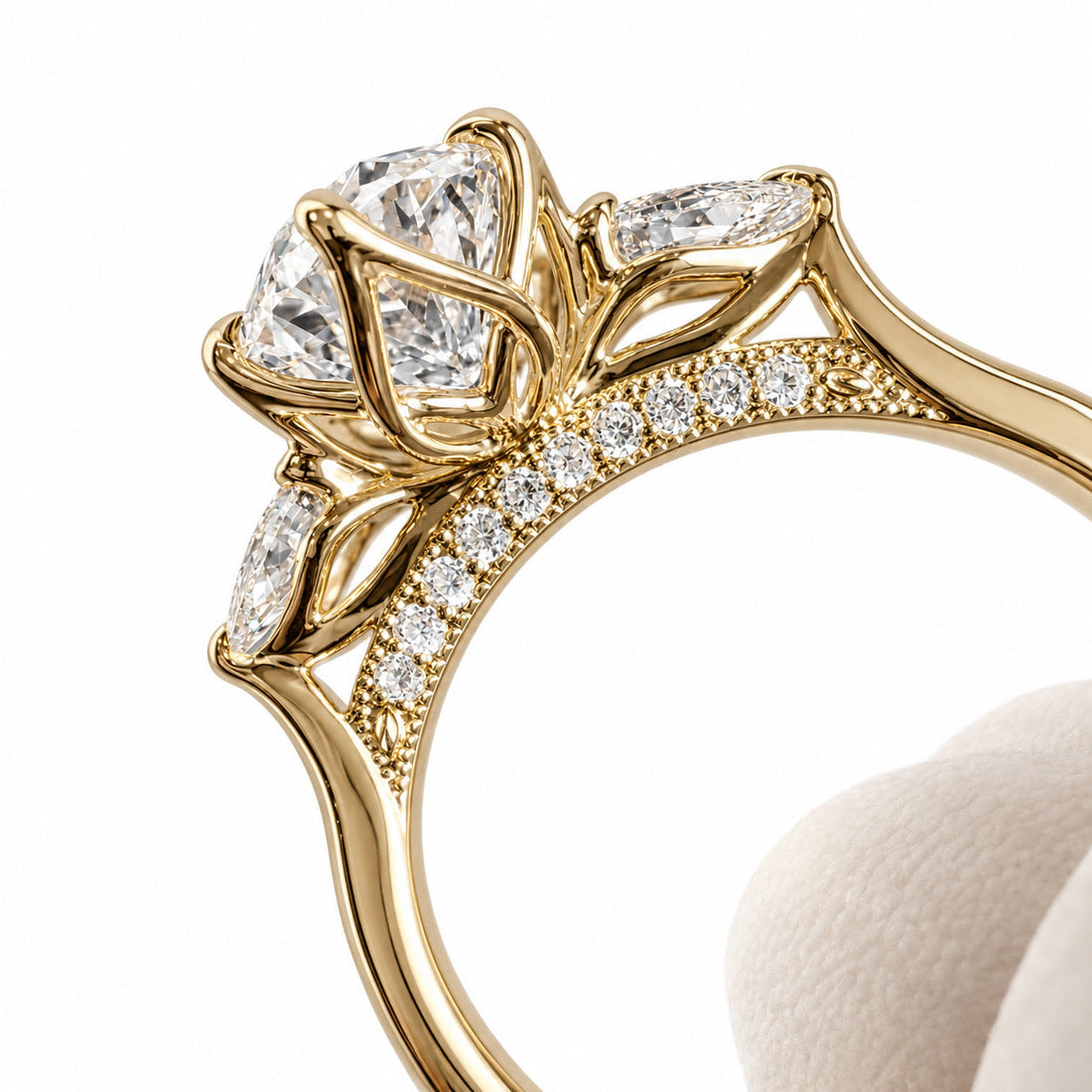 Lotus Lace Trilogy oval and pear lab diamond three-stone ring, view 4
