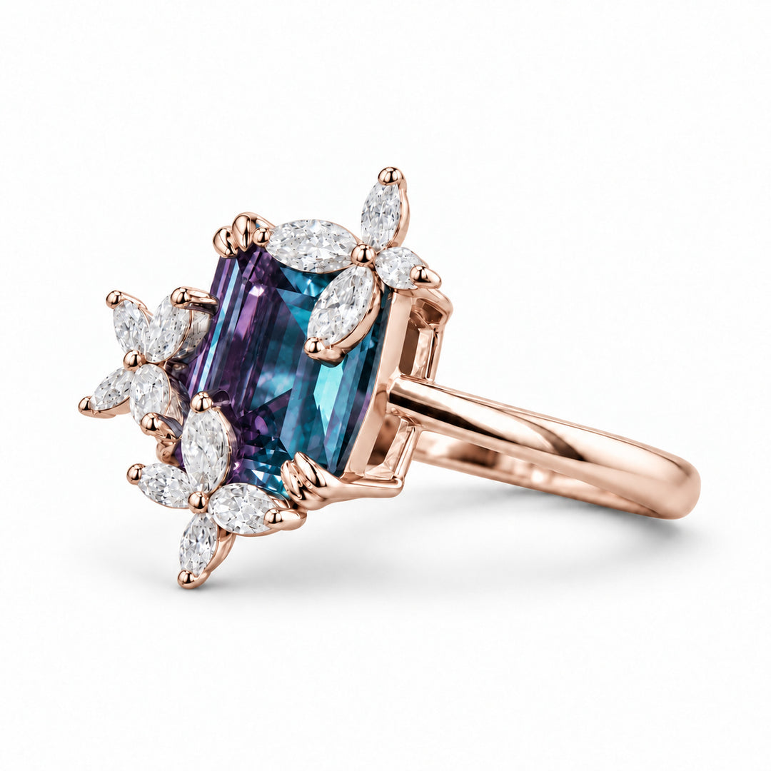 The Jardin — Emerald-Cut Alexandrite Floral Ring in 14K rose gold, angled view