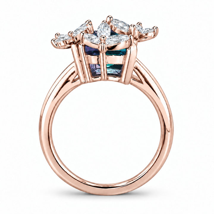 The Jardin — Emerald-Cut Alexandrite Floral Ring in 14K rose gold, profile view