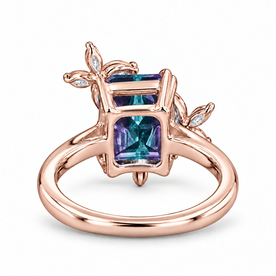 The Jardin — Emerald-Cut Alexandrite Floral Ring in 14K rose gold, back view