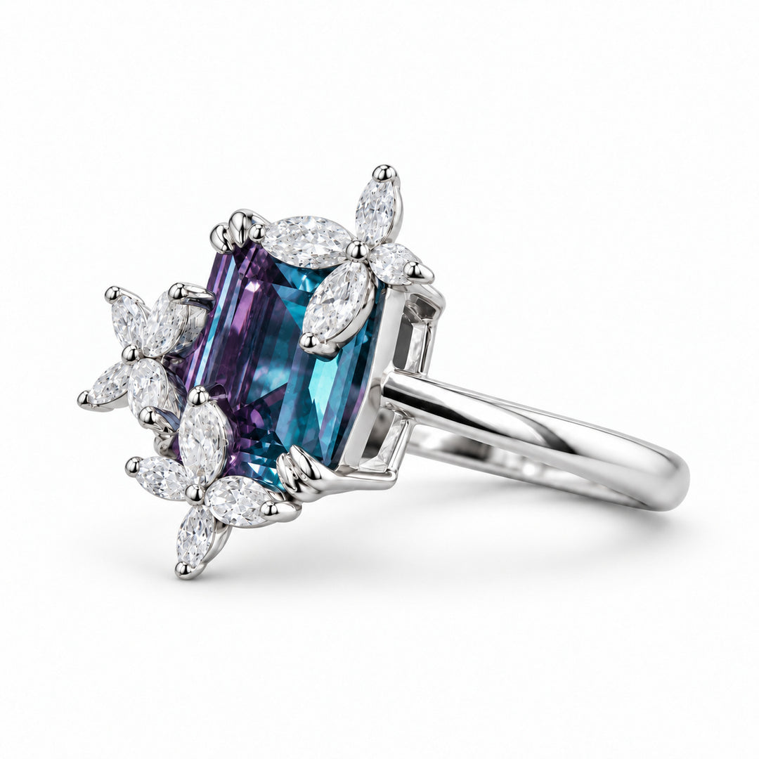 The Jardin — Emerald-Cut Alexandrite Floral Ring in 14K white gold, angled view