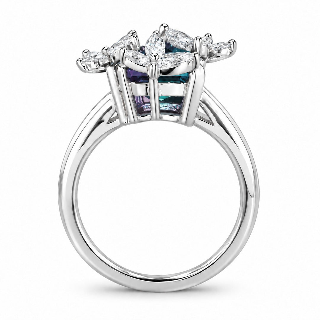 The Jardin — Emerald-Cut Alexandrite Floral Ring in 14K white gold, profile view