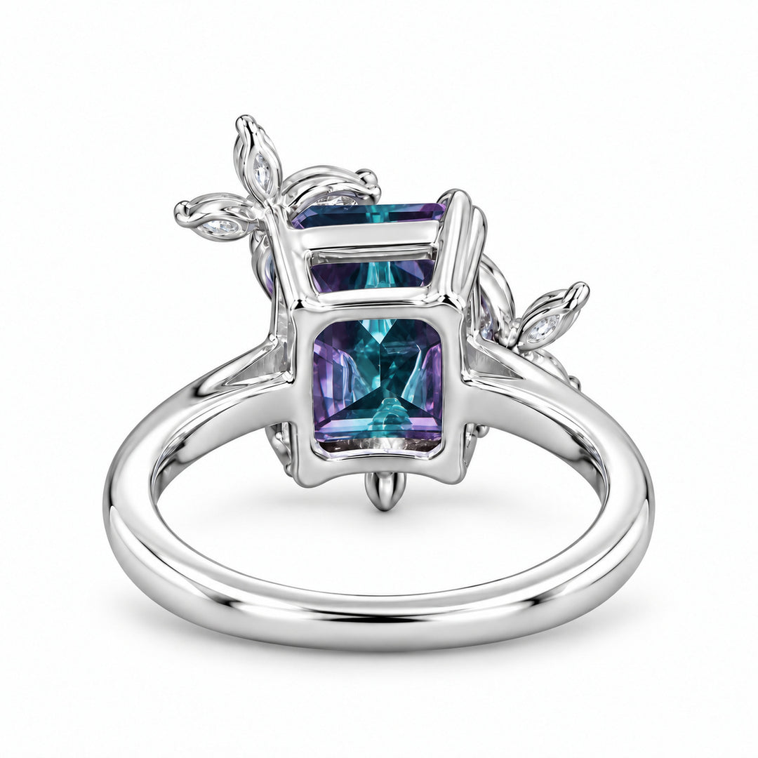 The Jardin — Emerald-Cut Alexandrite Floral Ring in 14K white gold, back view