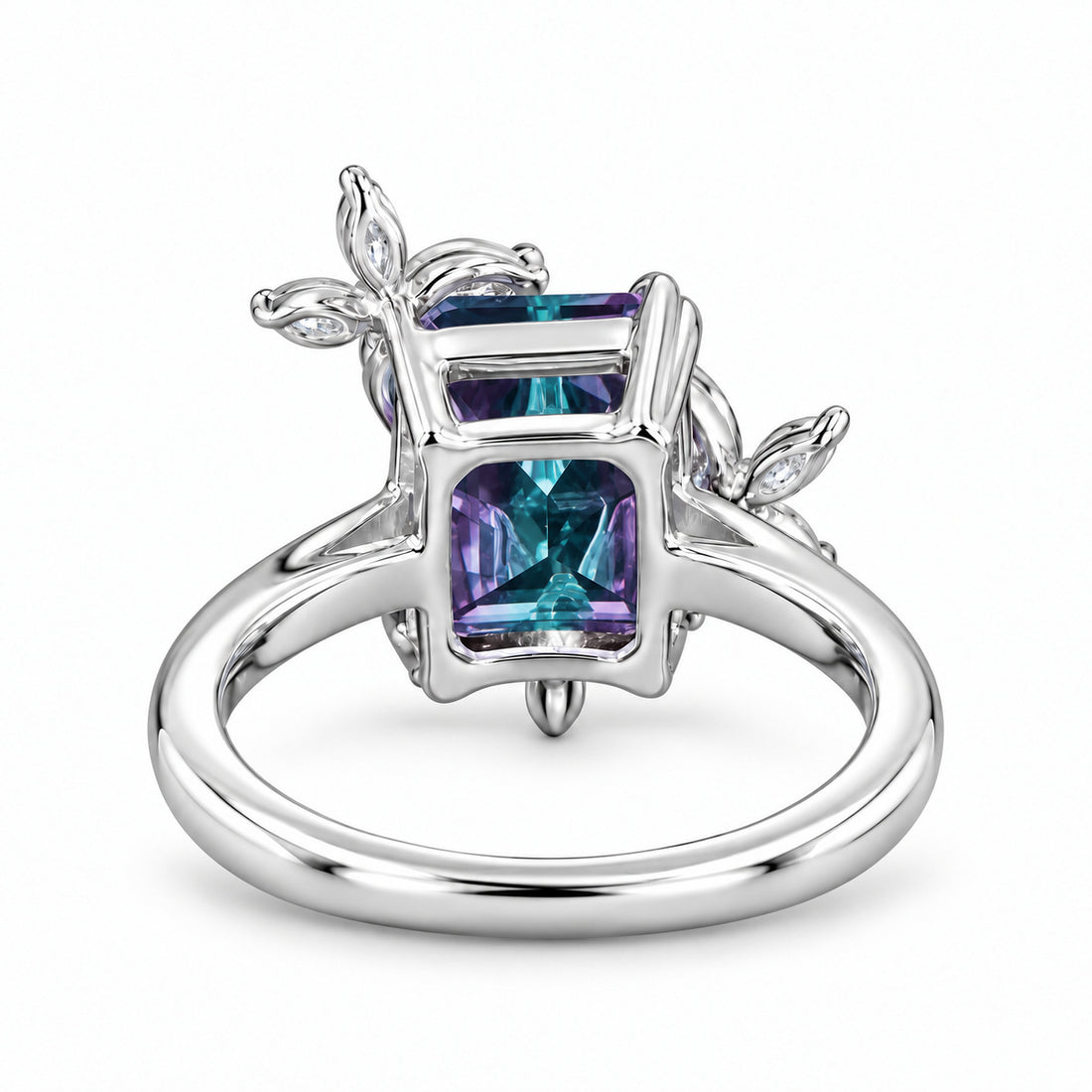 The Jardin — Emerald-Cut Alexandrite Floral Ring in 14K white gold, back view