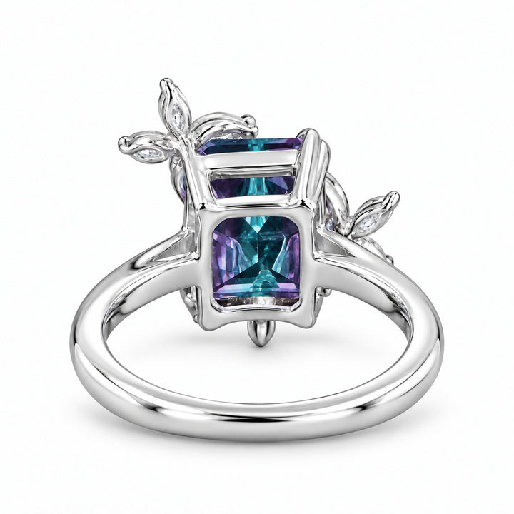 The Jardin — Emerald-Cut Alexandrite Floral Ring in 14K white gold, back view