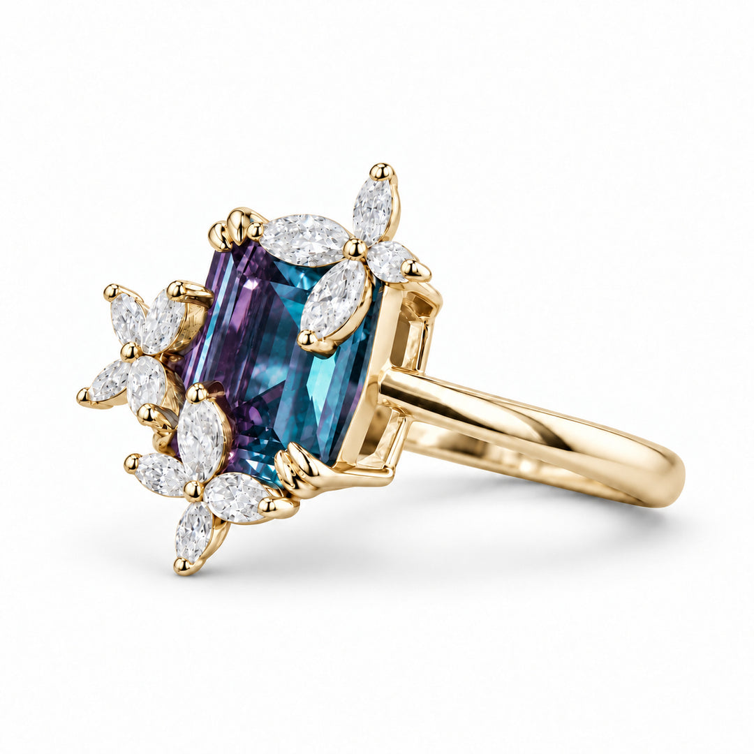 The Jardin — Emerald-Cut Alexandrite Floral Ring in 14K yellow gold, angled view