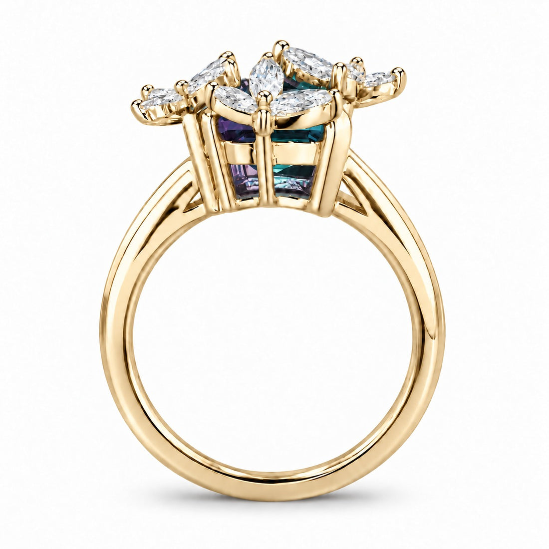 The Jardin — Emerald-Cut Alexandrite Floral Ring in 14K yellow gold, profile view