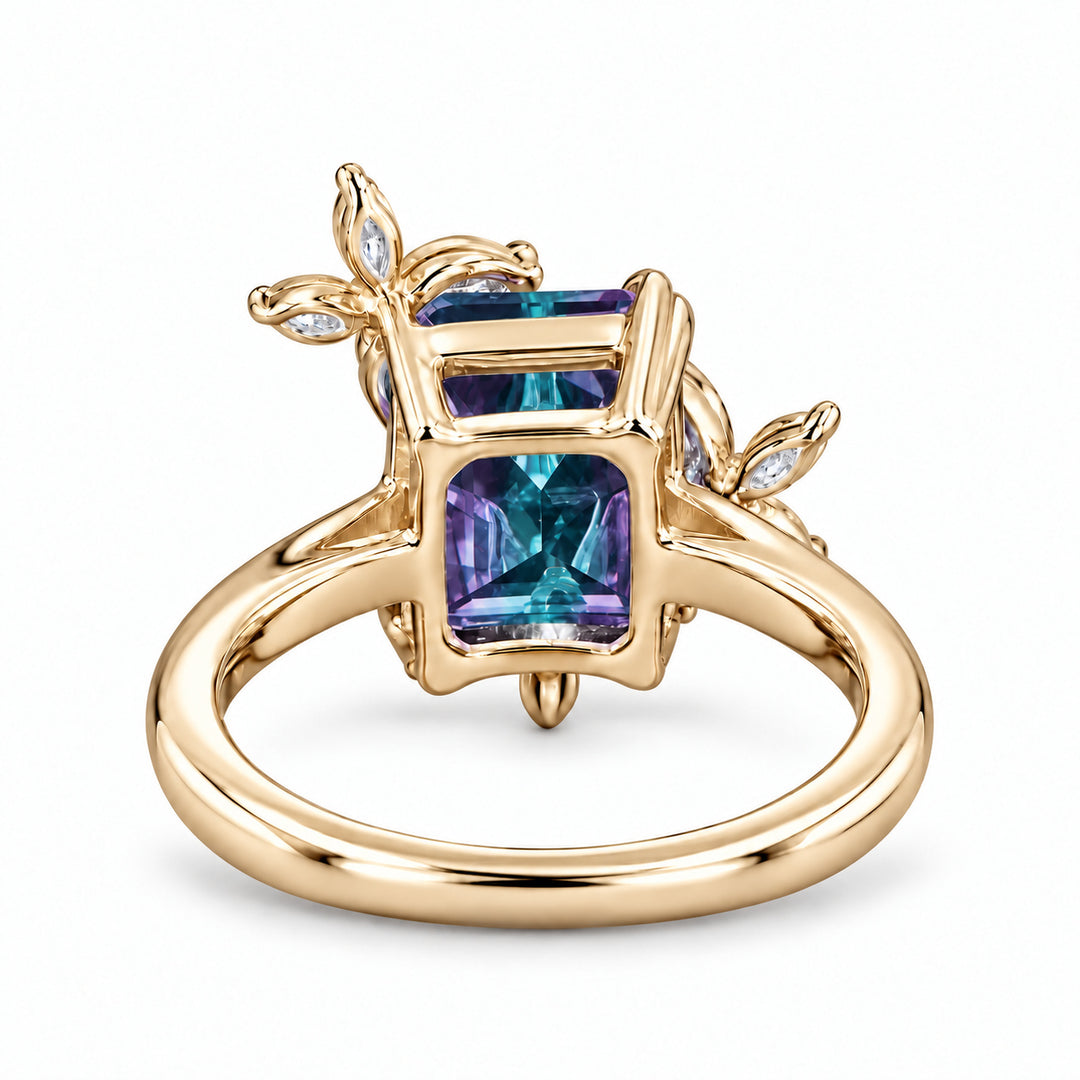 The Jardin — Emerald-Cut Alexandrite Floral Ring in 14K yellow gold, back view