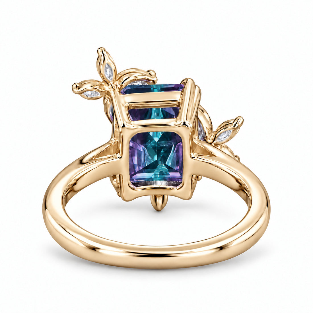 The Jardin — Emerald-Cut Alexandrite Floral Ring in 14K yellow gold, back view
