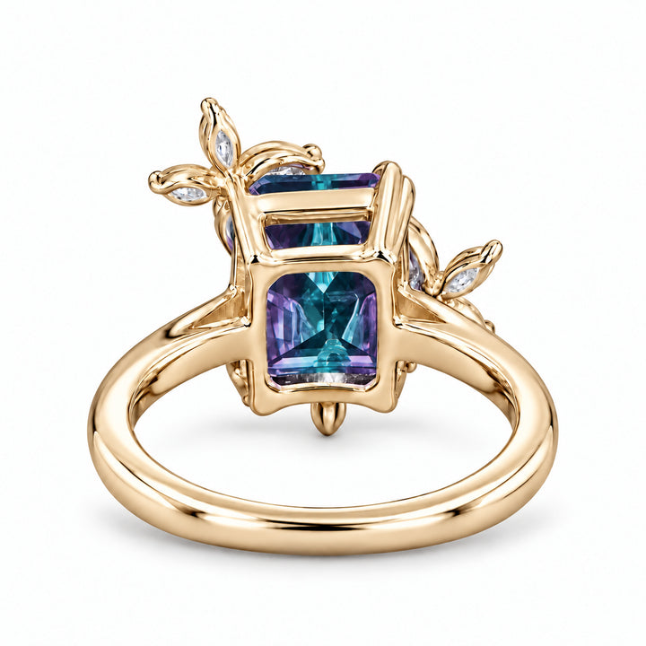 The Jardin — Emerald-Cut Alexandrite Floral Ring in 14K yellow gold, back view