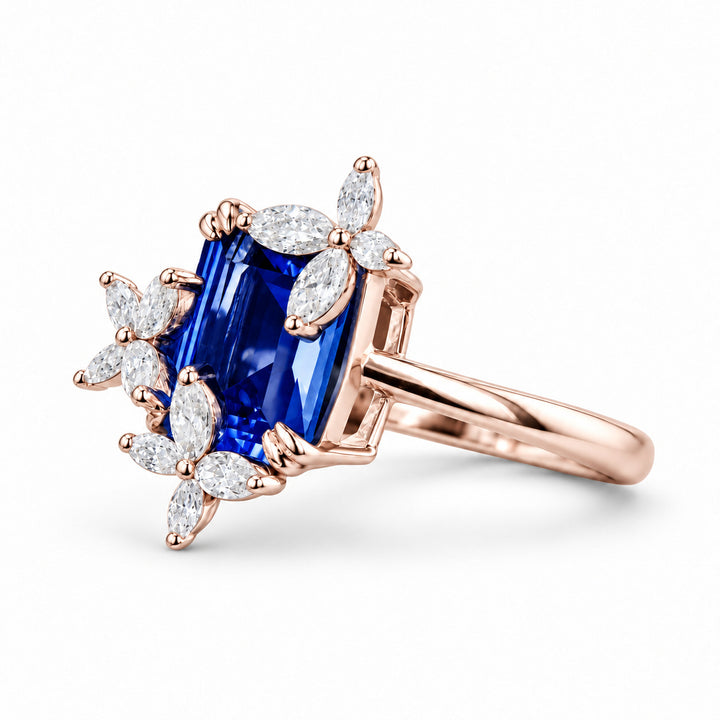 The Jardin — Emerald-Cut Sapphire Floral Ring in 14K rose gold, angled view