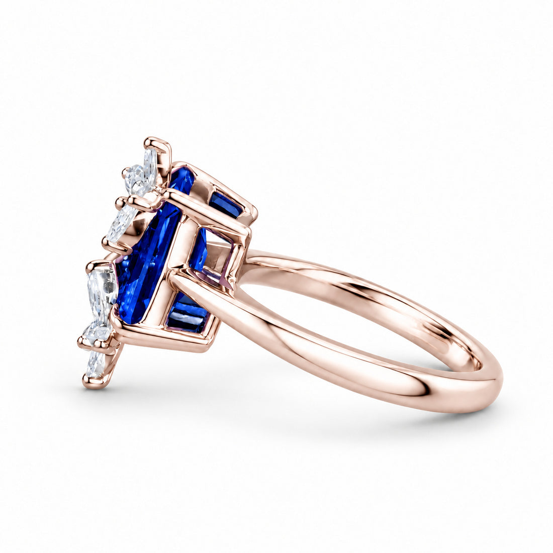 The Jardin — Emerald-Cut Sapphire Floral Ring in 14K rose gold, side view