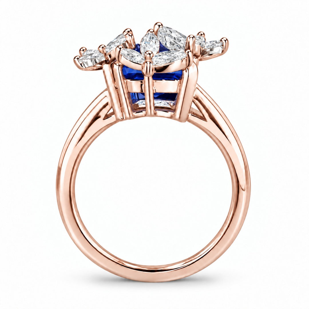 The Jardin — Emerald-Cut Sapphire Floral Ring in 14K rose gold, profile view
