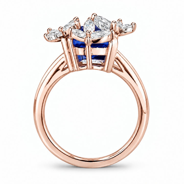 The Jardin — Emerald-Cut Sapphire Floral Ring in 14K rose gold, profile view
