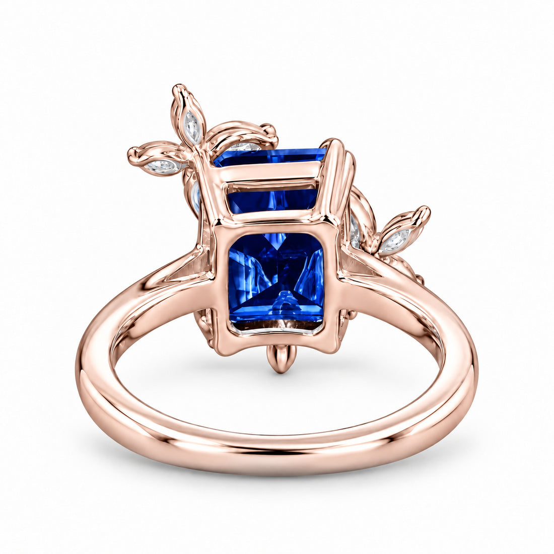 The Jardin — Emerald-Cut Sapphire Floral Ring in 14K rose gold, back view