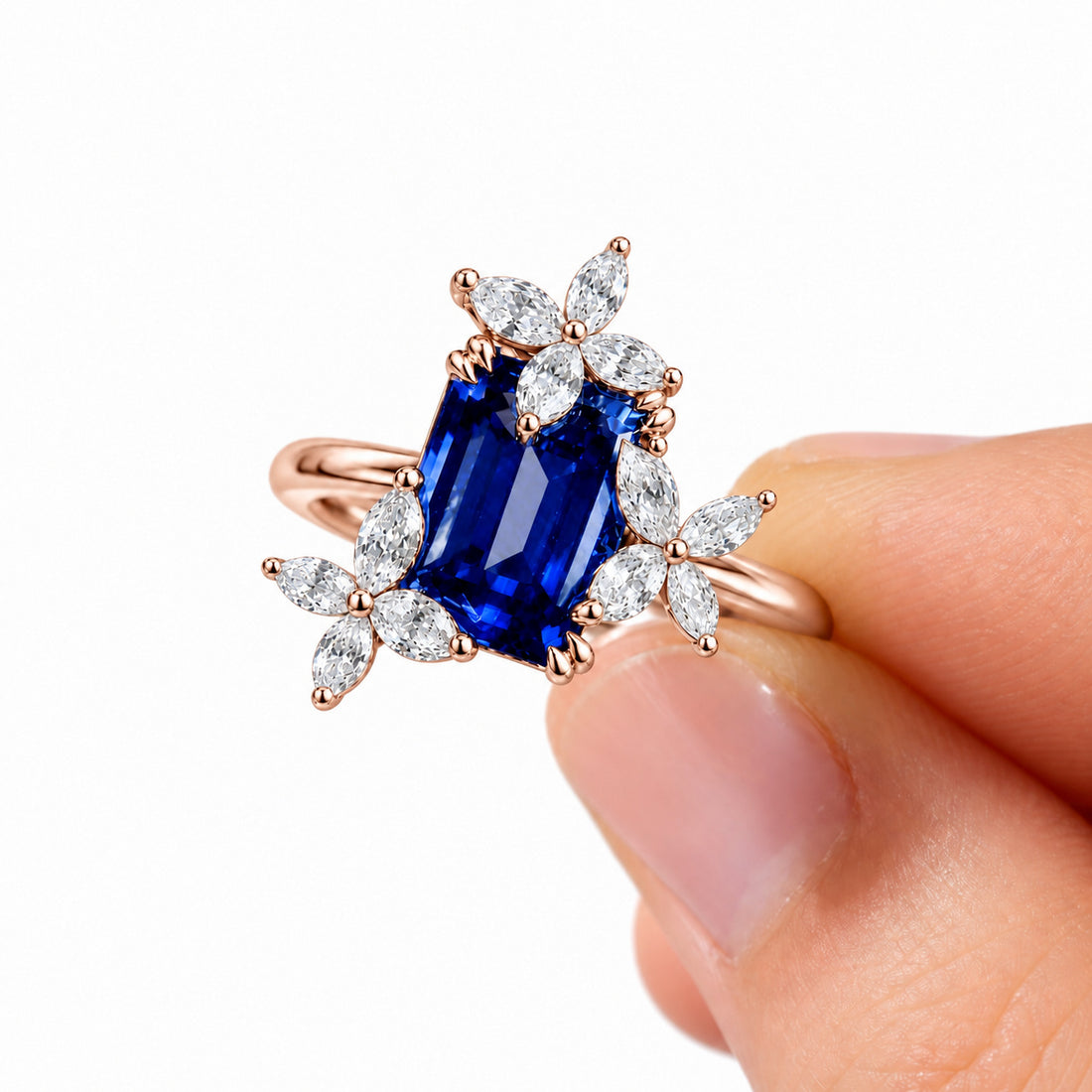 The Jardin — Emerald-Cut Sapphire Floral Ring in 14K rose gold, detail view
