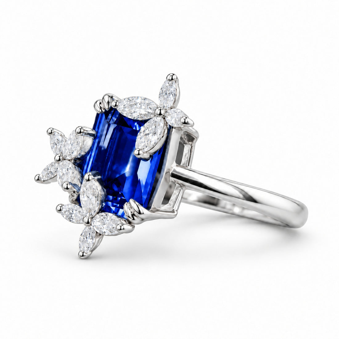 The Jardin — Emerald-Cut Sapphire Floral Ring in 14K white gold, angled view