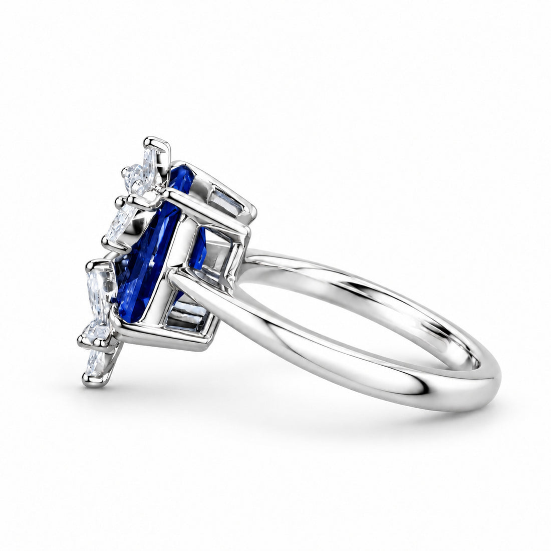 The Jardin — Emerald-Cut Sapphire Floral Ring in 14K white gold, side view