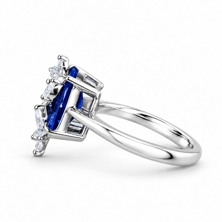 The Jardin — Emerald-Cut Sapphire Floral Ring in 14K white gold, side view