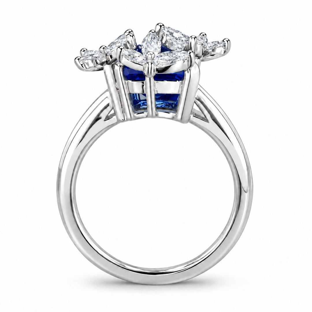 The Jardin — Emerald-Cut Sapphire Floral Ring in 14K white gold, profile view