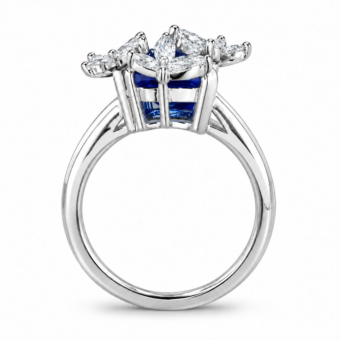 The Jardin — Emerald-Cut Sapphire Floral Ring in 14K white gold, profile view