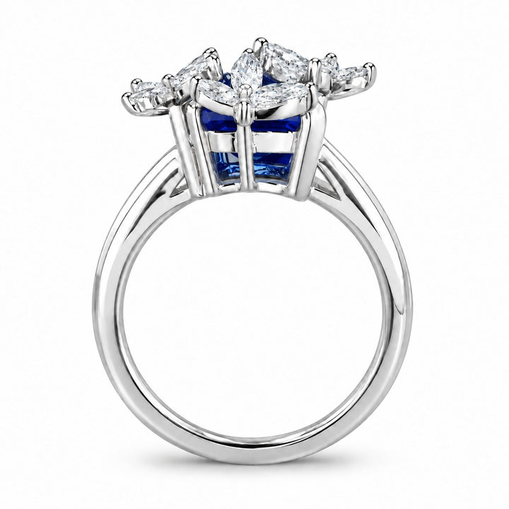 The Jardin — Emerald-Cut Sapphire Floral Ring in 14K white gold, profile view