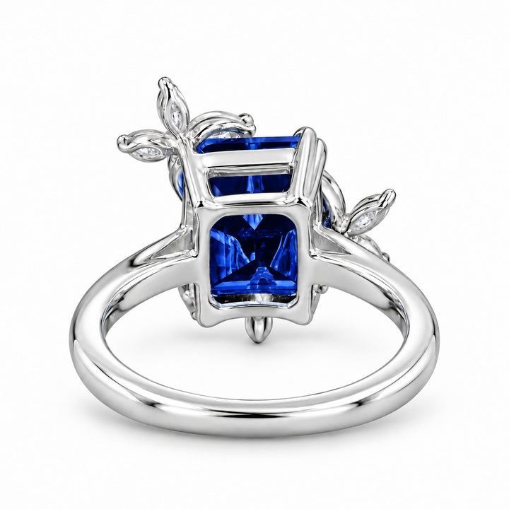 The Jardin — Emerald-Cut Sapphire Floral Ring in 14K white gold, back view