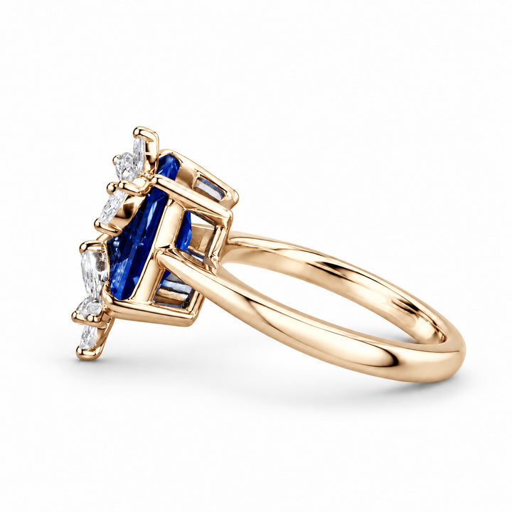 The Jardin — Emerald-Cut Sapphire Floral Ring in 14K yellow gold, side view