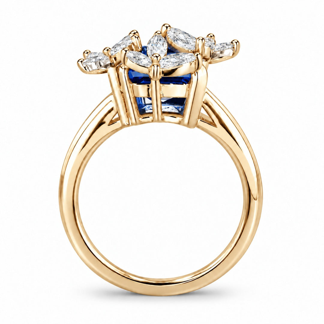 The Jardin — Emerald-Cut Sapphire Floral Ring in 14K yellow gold, profile view