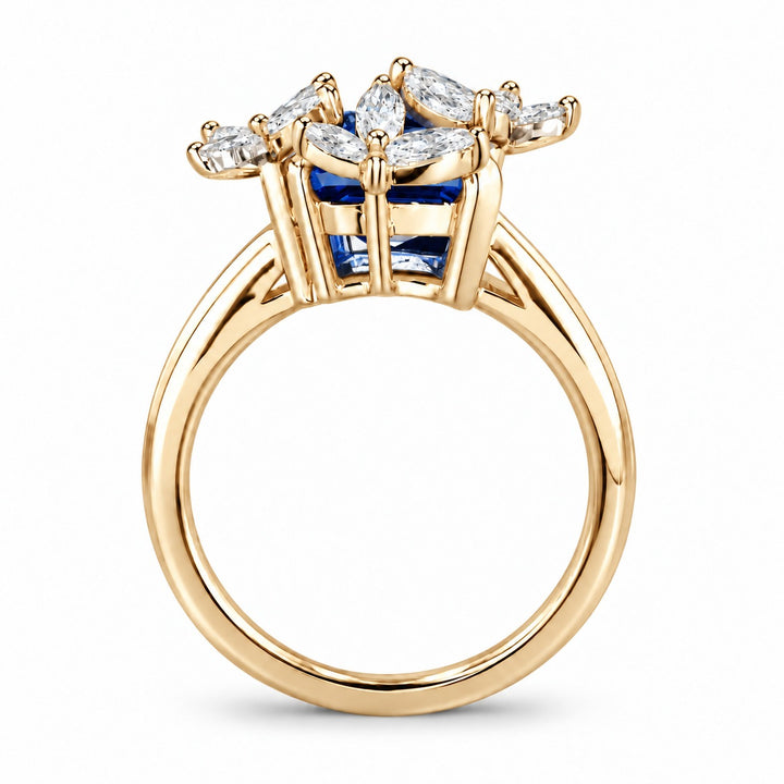 The Jardin — Emerald-Cut Sapphire Floral Ring in 14K yellow gold, profile view